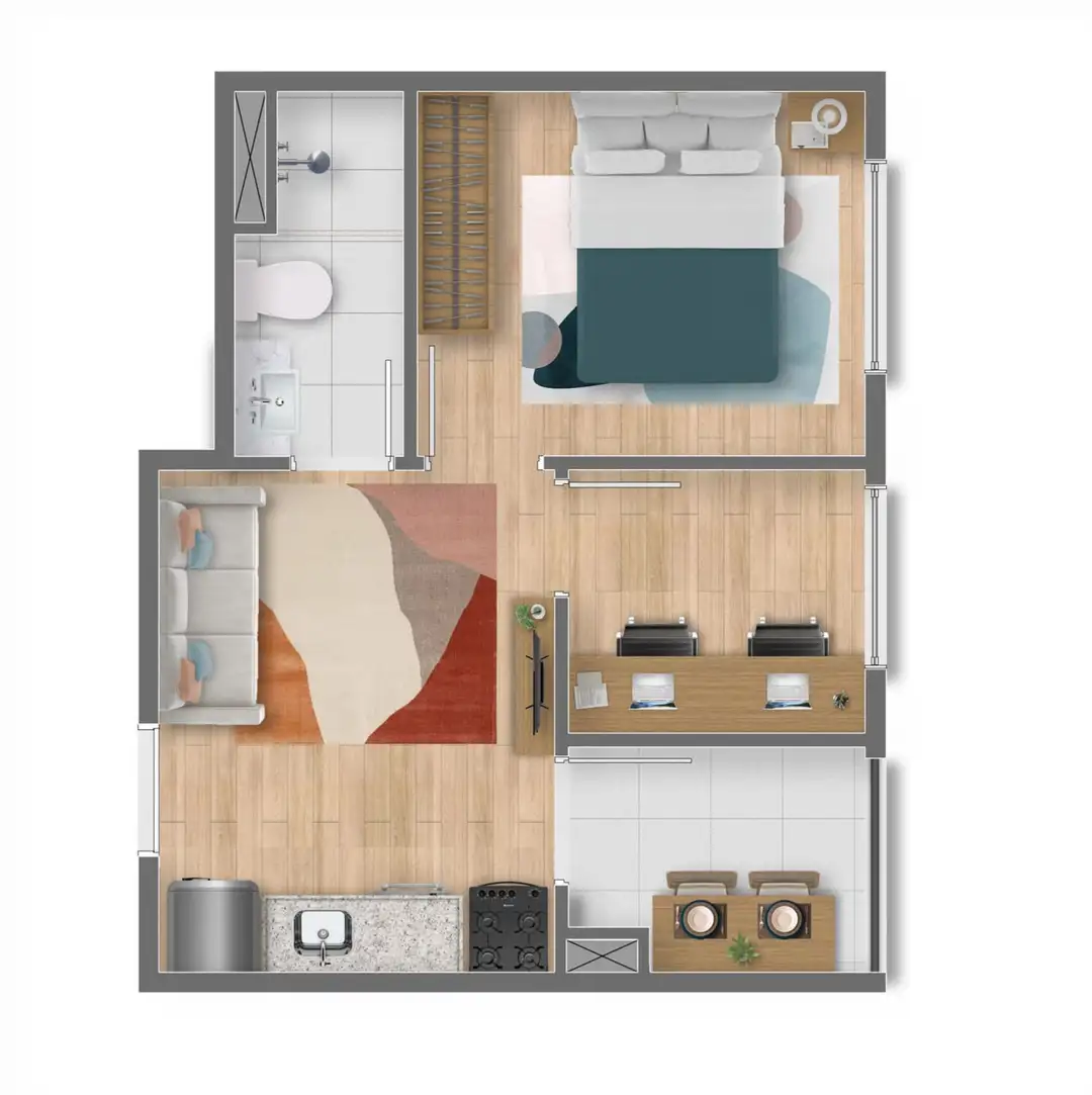 Planta 1 Dorm + Office 28 m²